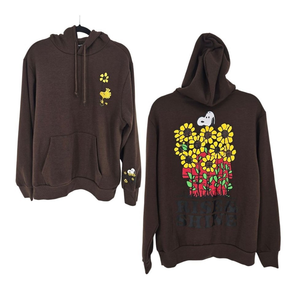 Peanuts Unisex Large brown Snoopy Woodstock rise and shine sunflower hoodie